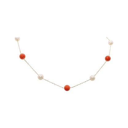 Tin Cup - Red-Orange Coral and White Pearl Necklace - Available in 16 and 18 Inch - Image 3