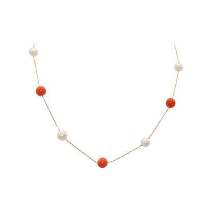 Tin Cup - Red-Orange Coral and White Pearl Necklace - Available in 16 and 18 Inch