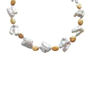 Baroque pearl necklace with gold beads.