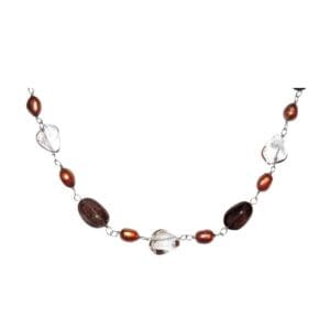 Beaded necklace with brown and clear stones.