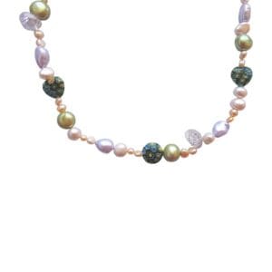 Colorful beaded necklace with various pearls.