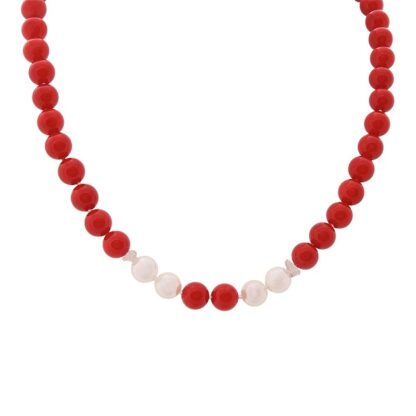 Pearl and Red Coral with Crystal Necklace