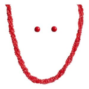 Red beaded necklace with matching earrings.