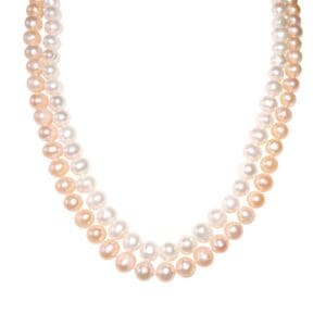 Two strands of white and pink pearls.