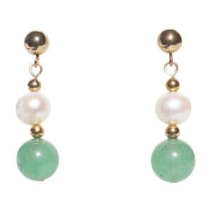 Gold, pearl, and green bead earrings.