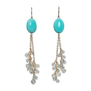 Turquoise earrings with dangling crystal beads.