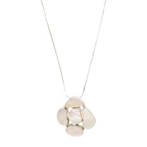 Silver necklace with abstract stone pendant.