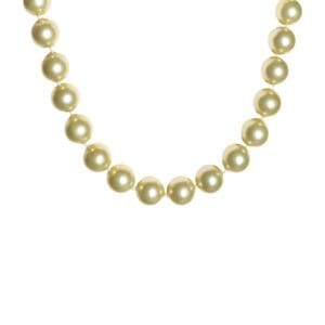 Pearl necklace with round beads displayed.