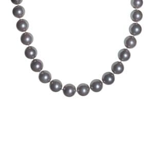 Gray pearl necklace on white background.