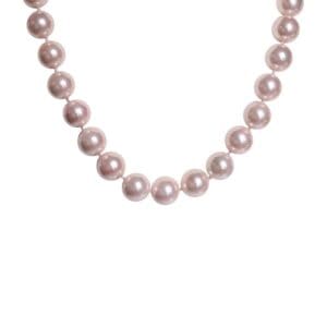 Pink pearl necklace on white background.