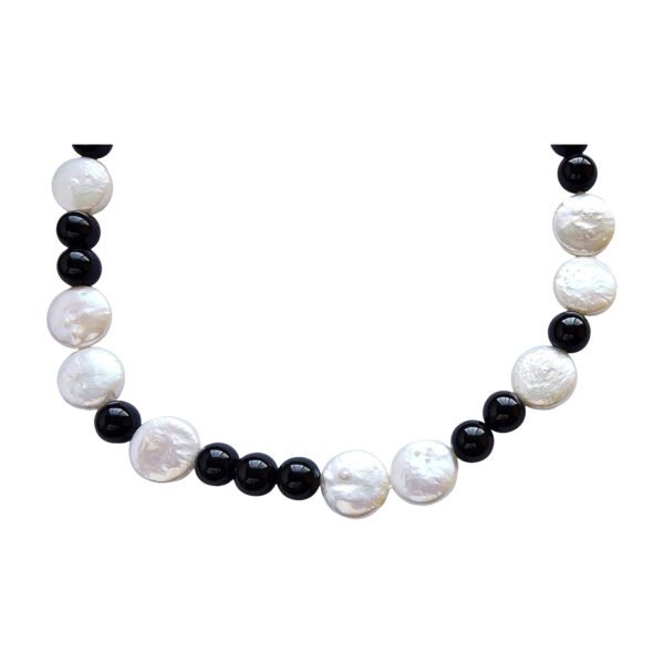 Coin Pearl and Onyx with Ribbon Tie-on