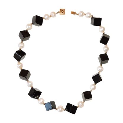 Black Cube Onyx and Potato Pearl Necklace with Gold Bead - Image 2