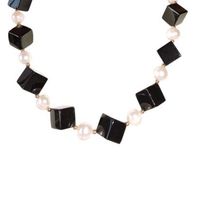 Black Cube Onyx and Potato Pearl Necklace with Gold Bead