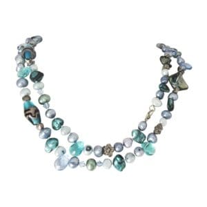 Colorful beaded necklace with turquoise stones.