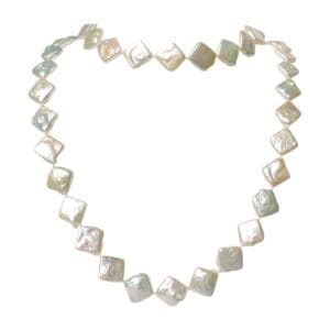 Square pearl necklace on white background.