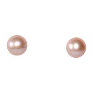 Two round pink pearl earrings on display.