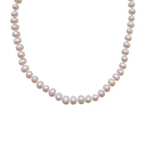 White pearl necklace on white background.