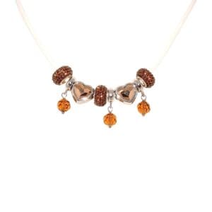 Necklace with heart and orange bead charms.
