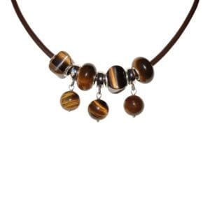 Brown beaded necklace with round pendants.