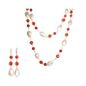 Red and white pearl necklace and earrings.