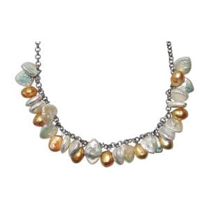Pearl and chain necklace with multicolored beads.
