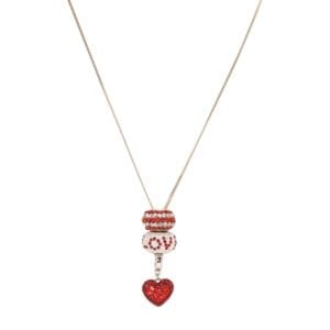 Necklace with heart and red charms.