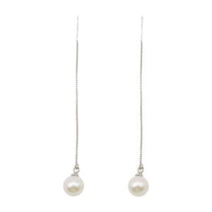 Silver chain earrings with white pearls.