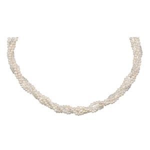 White pearl necklace on plain background.