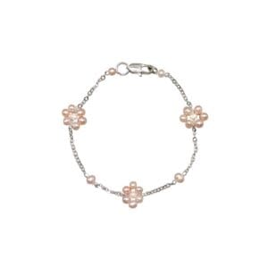 Silver bracelet with pink pearl flowers.