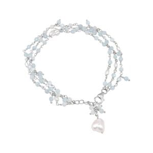 Silver bracelet with blue beads and charm.