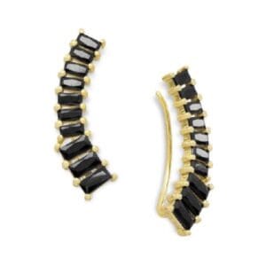 Gold earrings with black rectangular stones.