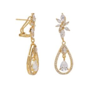 Gold and diamond teardrop dangle earrings.