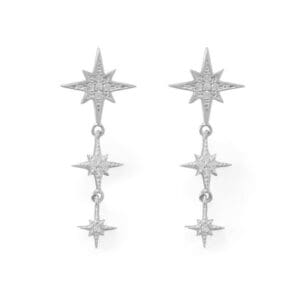 Star-shaped silver drop earrings.