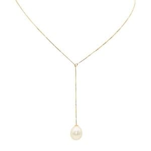 Gold necklace with a dangling pearl pendant.