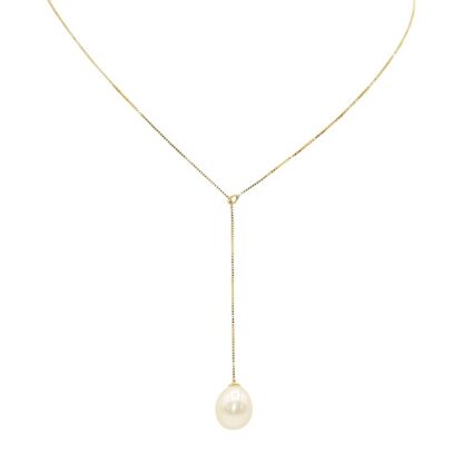 Large White Teardrop Pearl on Gold Lariat Chain