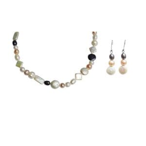 Necklace and earrings with multicolored beads.