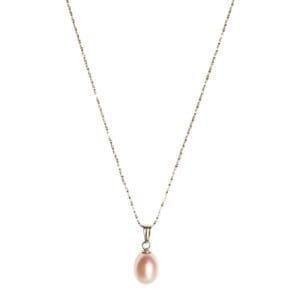 Gold chain with pink pearl pendant.