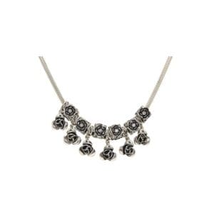 Silver necklace with rose-shaped charms.