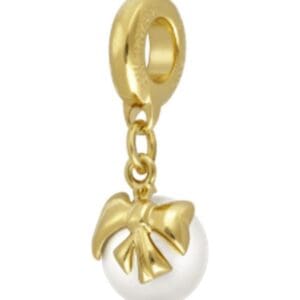 Gold charm with bow and pearl detail.