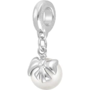 Silver charm with bow and pearl.