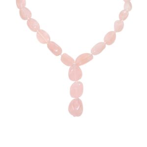Pink bead necklace on white background.