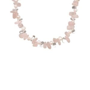 Pink and white beaded necklace on white.