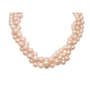 Pink pearl necklace with multiple strands.