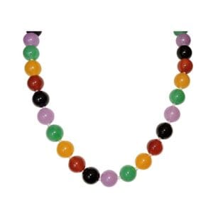 Colorful beaded necklace on white background.