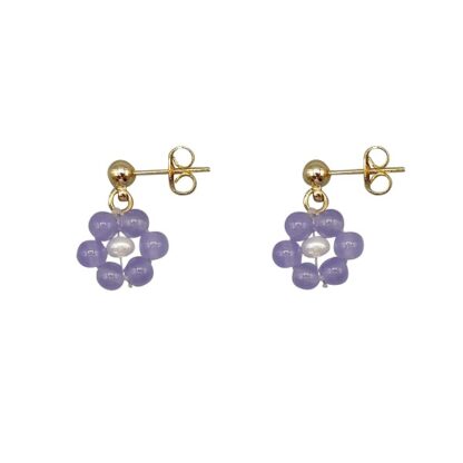 Daisy - Dark Lavender Jade and White Pearl Daisy Earrings on Gold-Filled Studs - Image 2