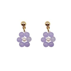Purple beaded flower earrings with gold hooks.