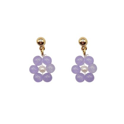 Daisy - Dark Lavender Jade and White Pearl Daisy Earrings on Gold-Filled Studs