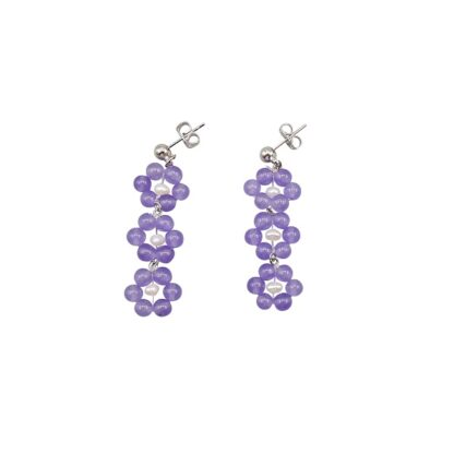 Daisy - Dark Lavender Jade and Pearl Daisy Earrings on Silver Studs - 3 Daisies - Image 2