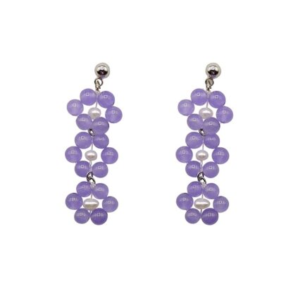 Daisy - Dark Lavender Jade and Pearl Daisy Earrings on Silver Studs - 3 Daisies