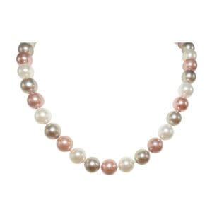 Pink, white, gray pearl necklace on display.